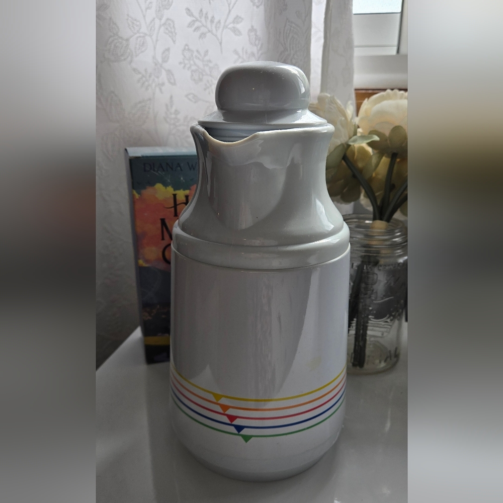 Vintage White Ceramic Coffee Carafe with Multicolor Stripes